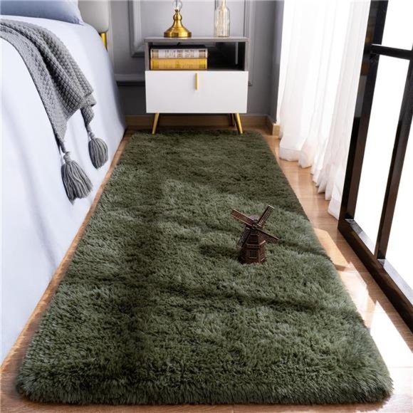 Soft Shag Runner Rug for Bedroom, 2x6 Feet Fluffy Rugs with Non-Slip,Olive Green - Picture 6 of 6